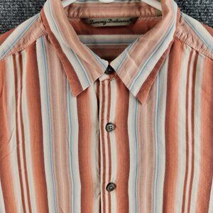 Tommy Bahama Button Up Shirt Long Sleeve Striped Orange Cream Medium All Silk